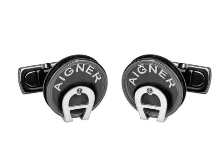 Aigner Men Cufflinks Gun Carbon Texture With Rhedium A Logo For Sale